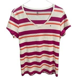 Classic Y2K Vintage Tommy Hilfiger Pink Striped V Neck Cotton Tee Size XL Preppy